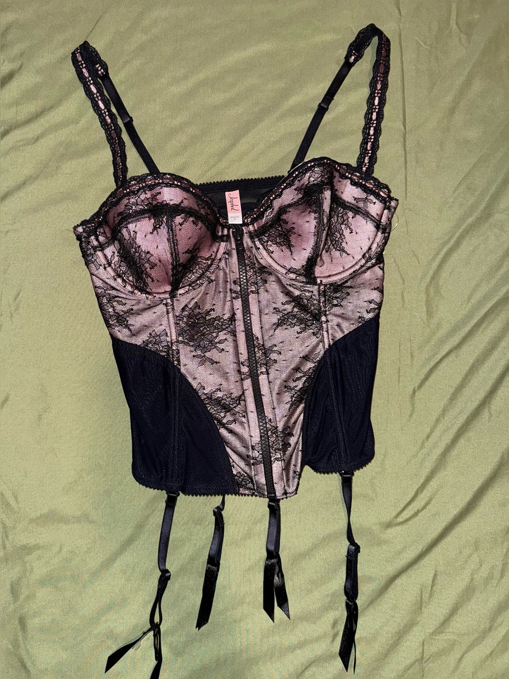 Jezebel Lace-Trim Satin Bustier Zip Up Corset Top - Pink and Black